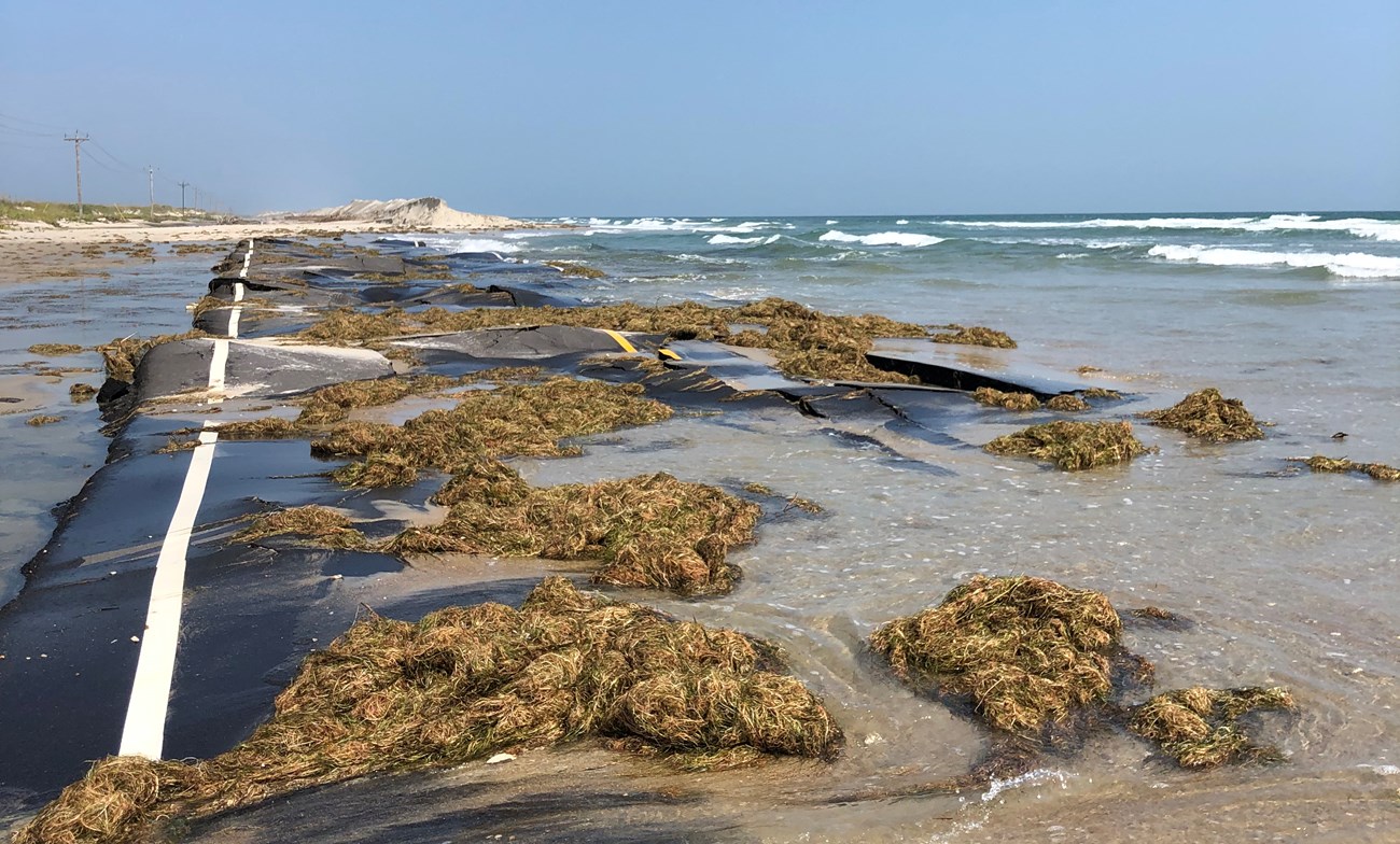 a crumpled asphalt roadway is buried under seawater and seaweed