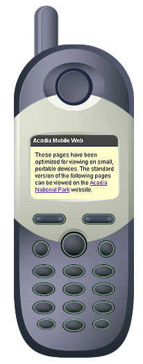 Cell phone displaying Acadia mobile website.