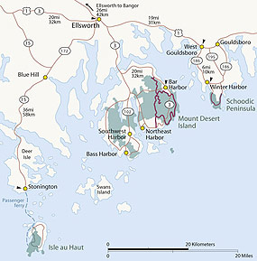 This map shows the extent of Acadia National Park and the driving routes to access the park.