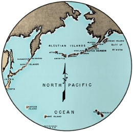 World War II-era mpa showing the arc of the Aleutian islands across the North Pacific Ocean, and their relationship to some of the major battle zones in the Pacific Theatre.