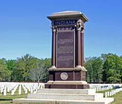 Red stone monument with the word Indiana on the top