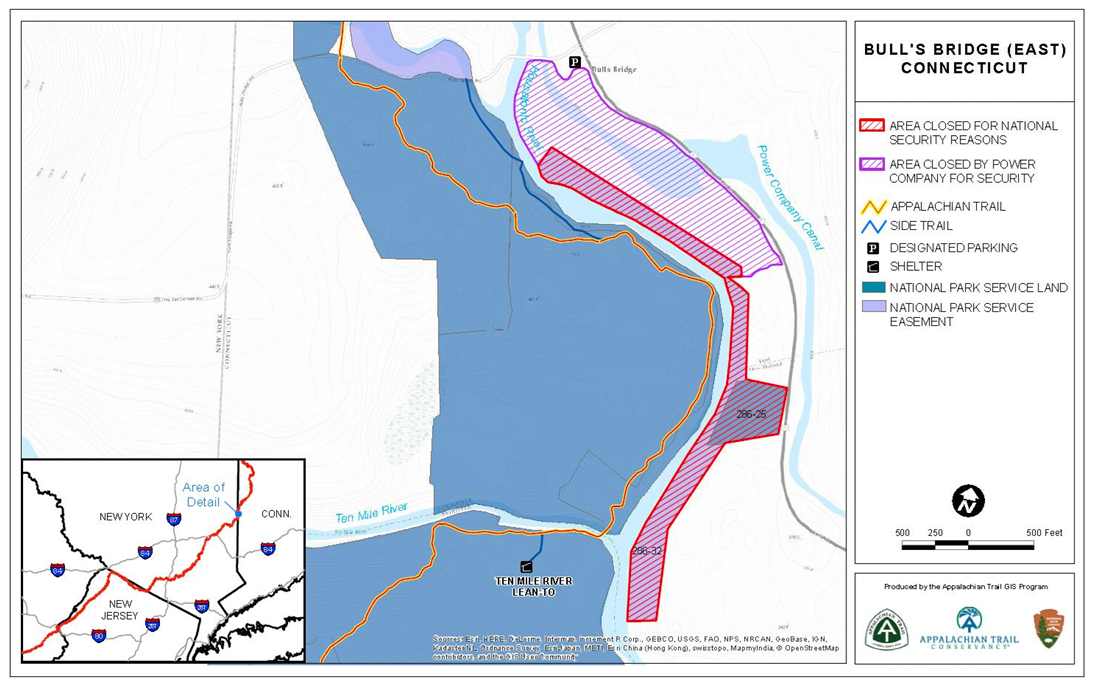 Map of an Area that is closed for National Security Reasons and an area that is closed by a power company for security to the east of the appalachian trail just south of Bull's Bridge in Connecticut