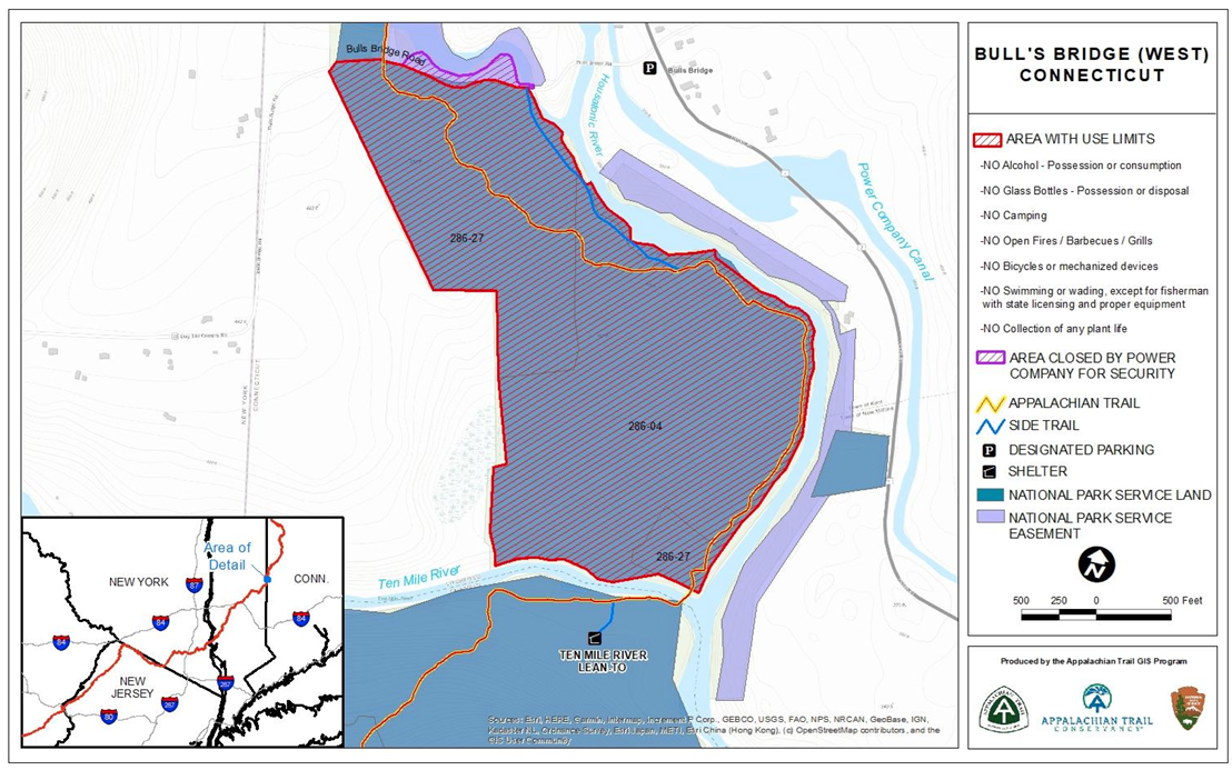 Map of the Area with Use Limits in the Bull's Bridge (west) Conneticut area. This area doesn't allow alcohol, possession or consumption, glass bottles, possession or disposal, camping, open fires, barbecues, grills, bicycles, or mechanized devices.