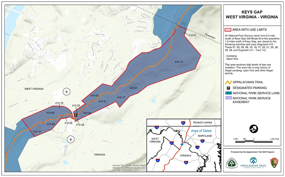 Map showing the Area with Use Limits in the Keys Gap area of West Virginia. All national park service lands from .5 mile south of Key's Gap (VA Route 9) to the powerline 1.5 miles north of Keys Gap, are closed to camping and open fires.