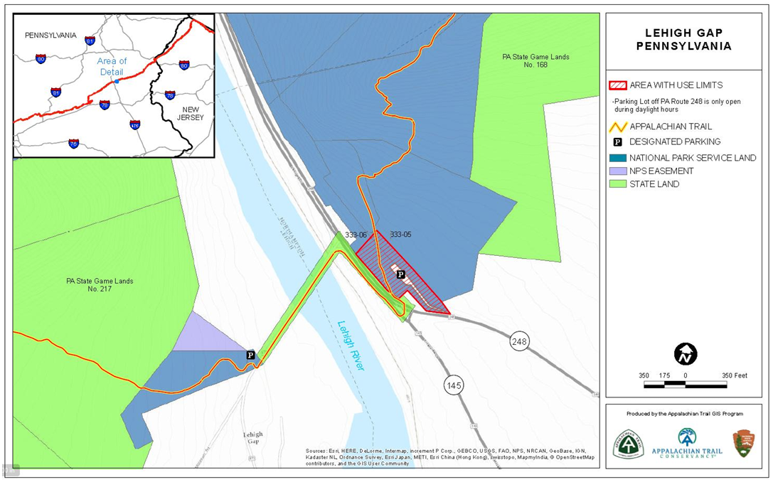 A map of the Use Limits Are which shows that the Parking Lot off PA Route 248 is only open during daylight hours. The Appalachian Trail runs through that parking lot.