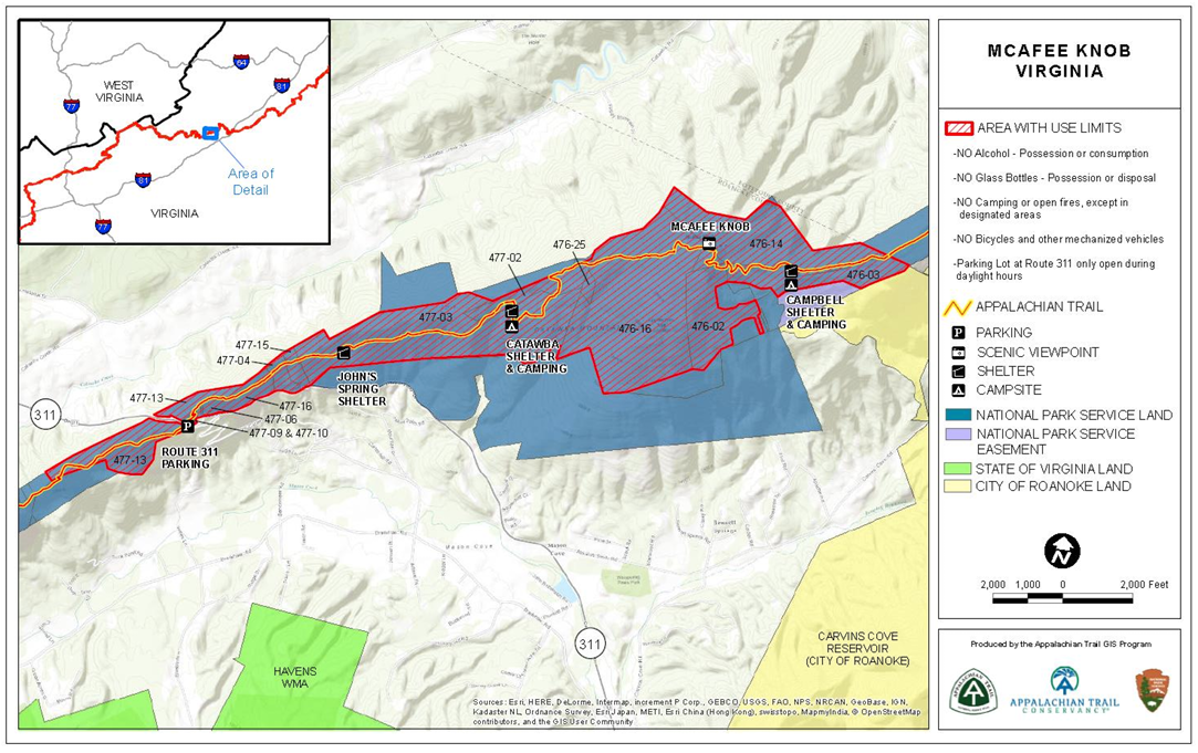 Mcafee Knob Virginia, Shows an area with use limits in red within the national park service land that's blue.