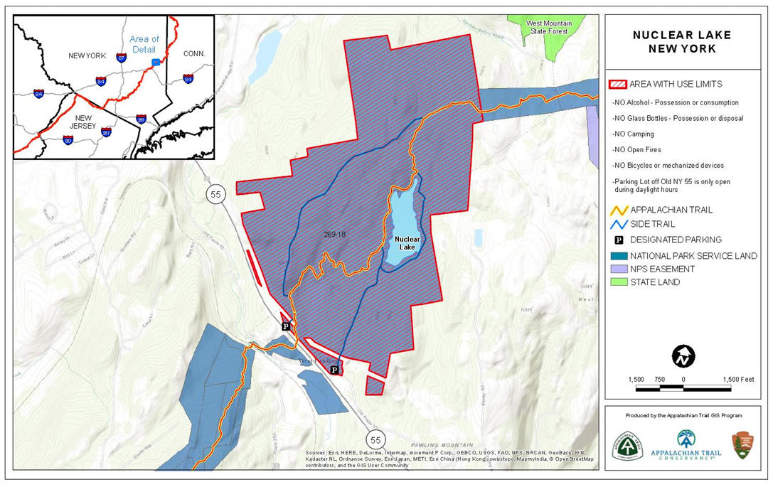 Map of the Area with use limits in the Nuclear Lake area of New York State. The area doesn't allow alcohol, possession or consumption, glass bottles, possession or disposal, camping, open fires, or bicycles or mechanized devices.