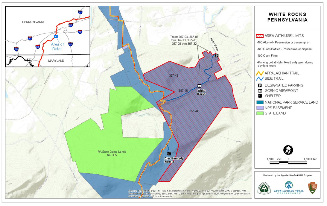 A map showing the area with use limits in the White Rocks area of Pennsylvania. This includes the parking area on Kuhn Road and doesn't include, but is near Alex Kennedy Shelter. In this area there is no alcohol, no glass bottles, and no open fires.
