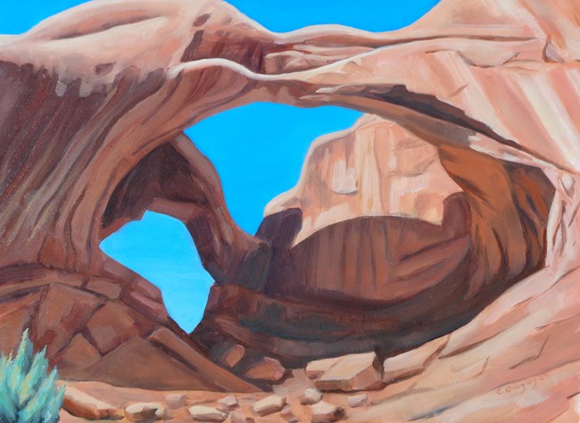 oil painting of two stone arches in red-brown and tan, blue sky in background and desert shrub in foreground