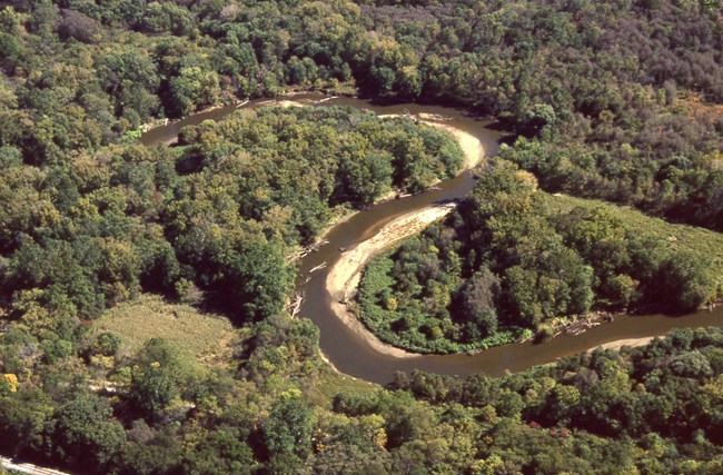 Aerial view of a brown river winding its way through green trees and shrubs; the river's course is a backwards S shape; light colored beaches appear along the inside of each curve.