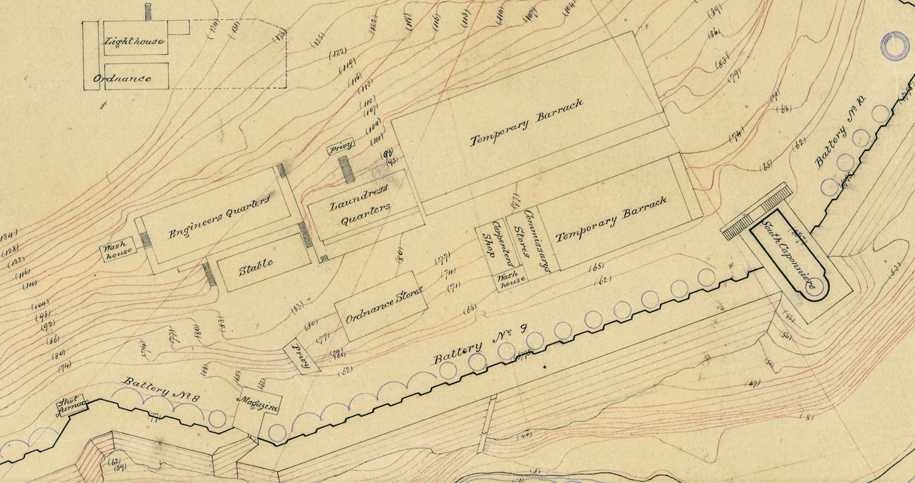 A detailed, drawn topographic map includes various rectangles representing buildings labeled with their use, like lighthouse, laundress quarters, temporary barracks, and more. Rows of circles show the cannons lined up along batteries.