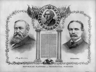 a campaign poster for president in 1892- Benjamin Harrison is on the left and Whitelaw Reid on the right