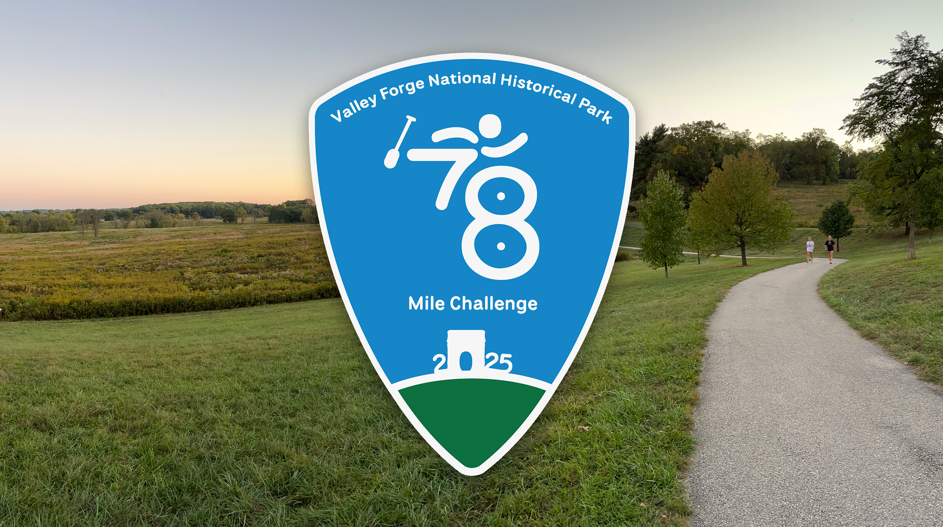 blue crest stylized white text shaped as 78 and person running, paddle, and bike wheels