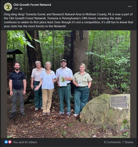 Group of people standing by rock with plaque in forest