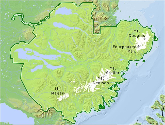 A map of Katmai National Park and location of glaciers.