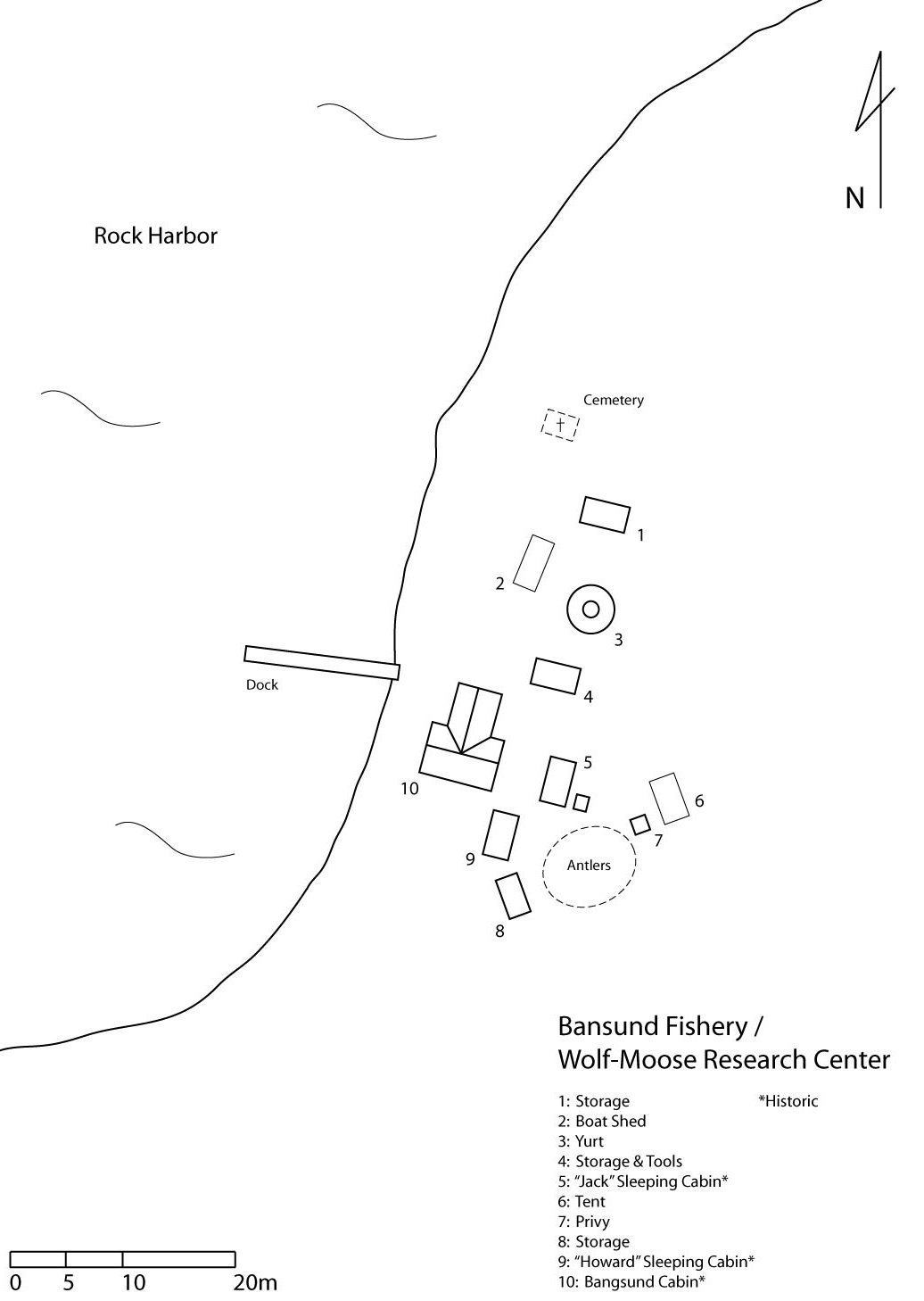 sketch of the Bangsund fishery including 3 storage structures, boat shed, yurt, 2 sleeping cabins, tent, privy, and cabin