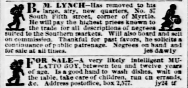 Two newspaper ads from August 4, 1860, announcing the sale of enslaved people in St. Louis.