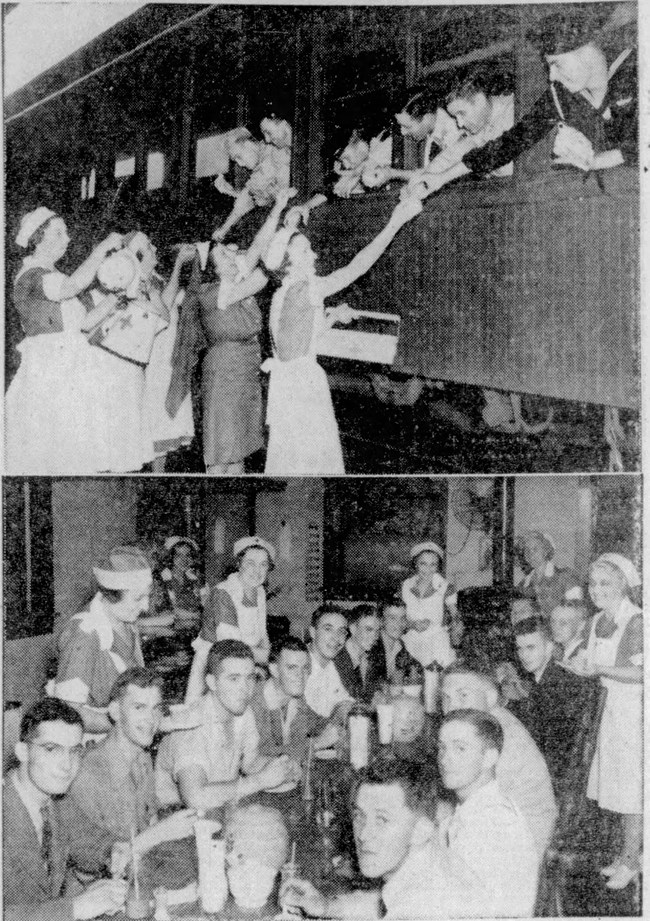 Two black and white photos stacked vertically of women in white uniforms serving men in military uniforms