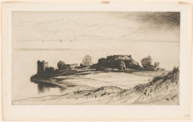 Black and white drawing of castle ruin