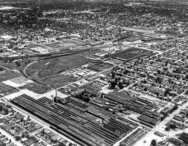 Black and white overhead photo of an industrial complex