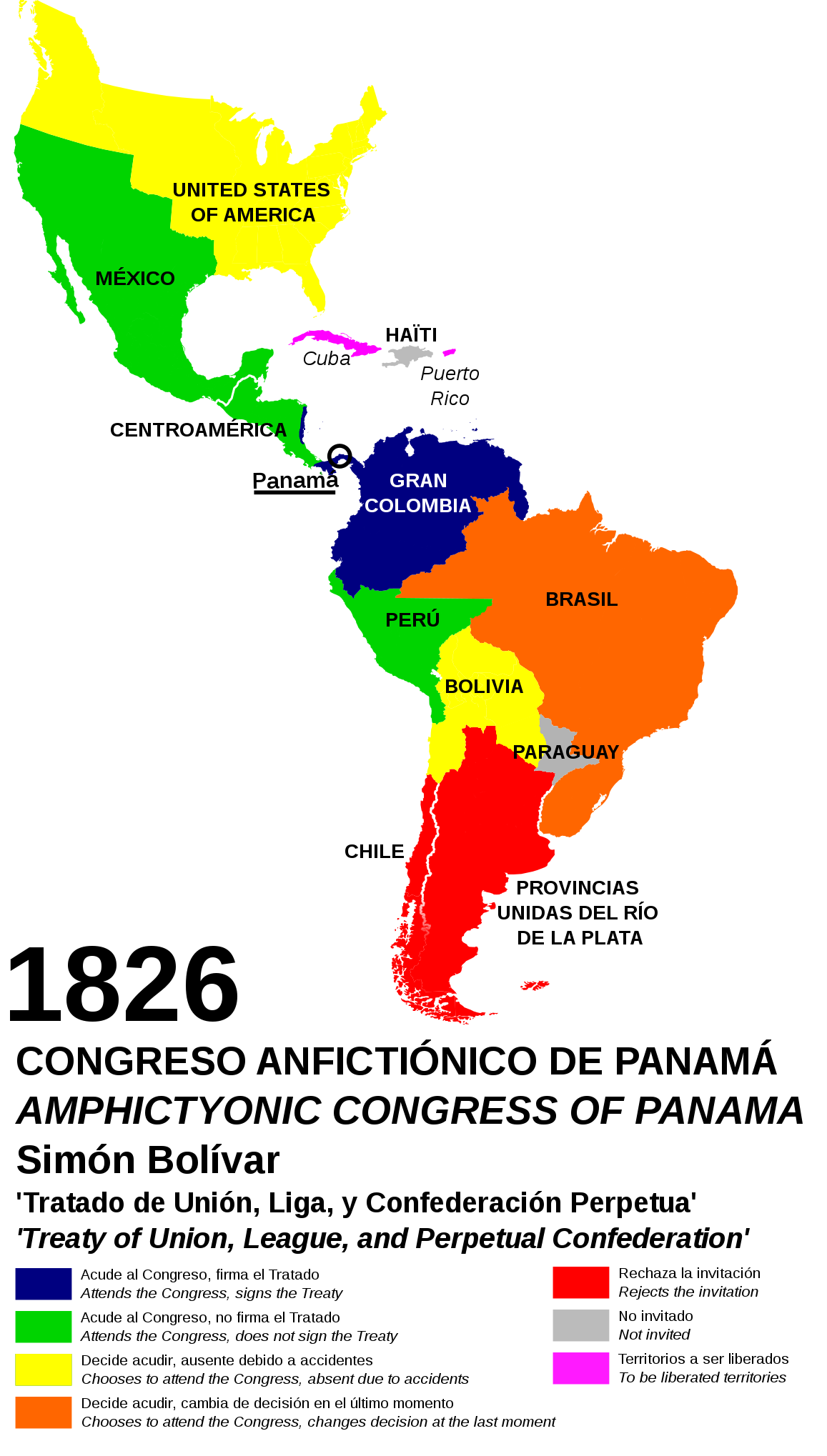 Map of North, Central, and South American countries that were involved with the Panama Congress. Countries are color-coded based on if they attended, were invited, or signed the treaty.