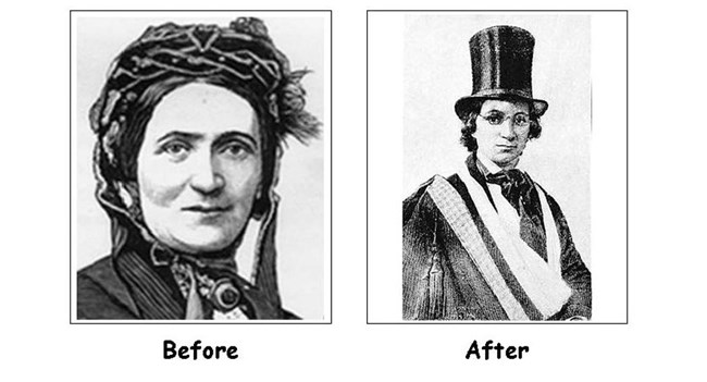 Two black and white pictures. On the left, a woman wearing a hat and scarf. On the right, the same woman disguised as a man wearing a top hat, glasses, and has arm in a sling.