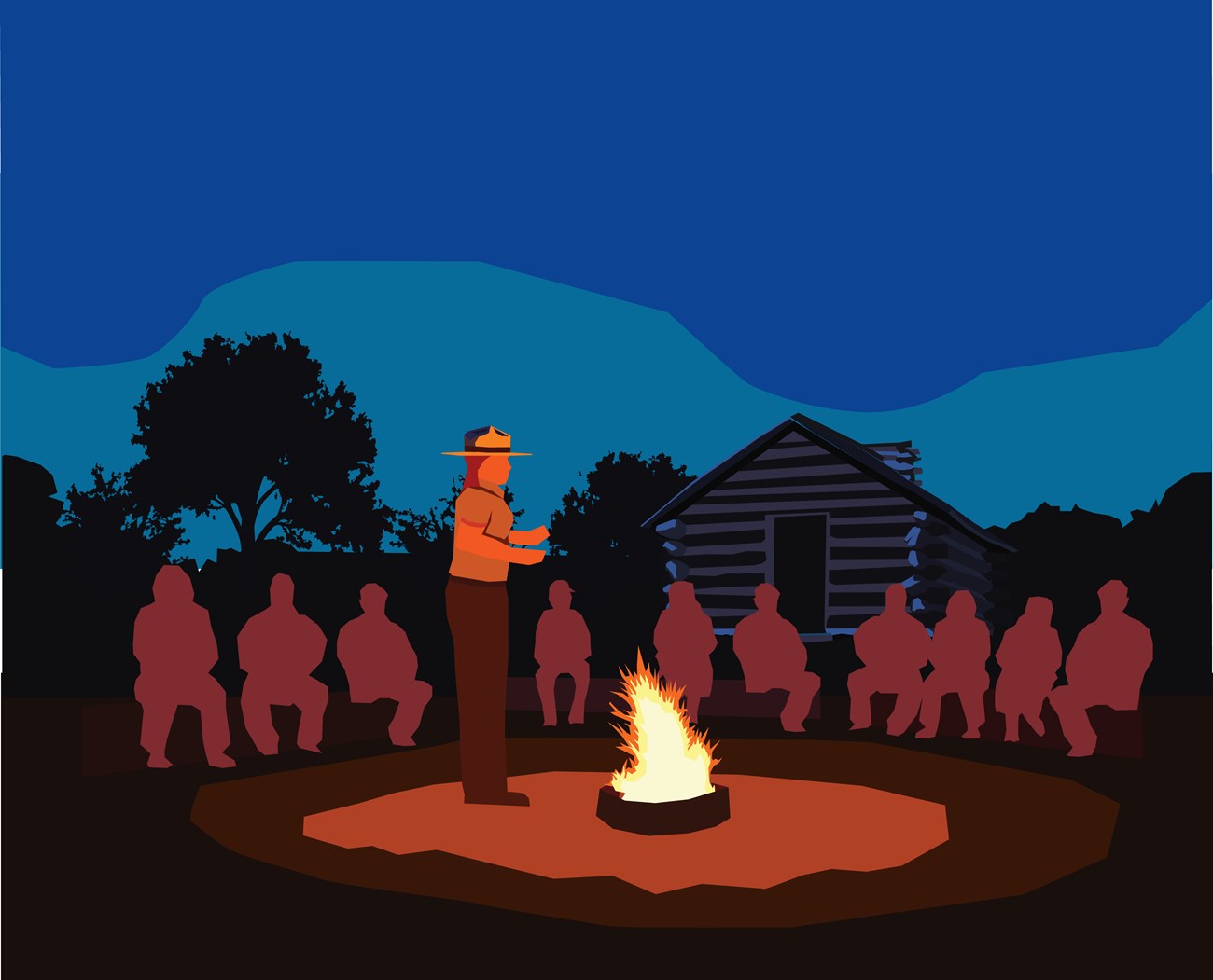 Illustration of park ranger standing next to campfire surrounded by seated audience