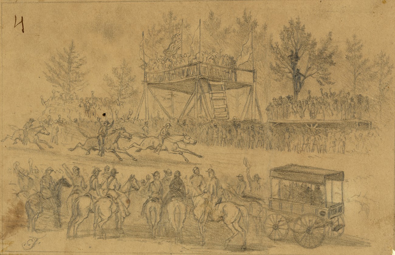 Pencil sketch of a wooden grand stand structure with dignitaries on top watching a horse race.