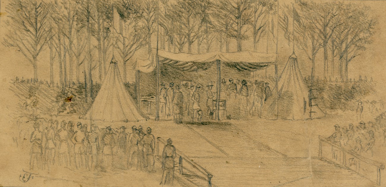 Pencil Sketch of groups of a few dozen men in a tent distributing prizes.
