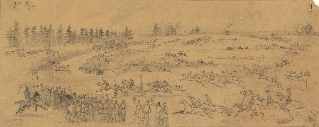 A pencil drawing of a horse race track with hundreds of onlookers.