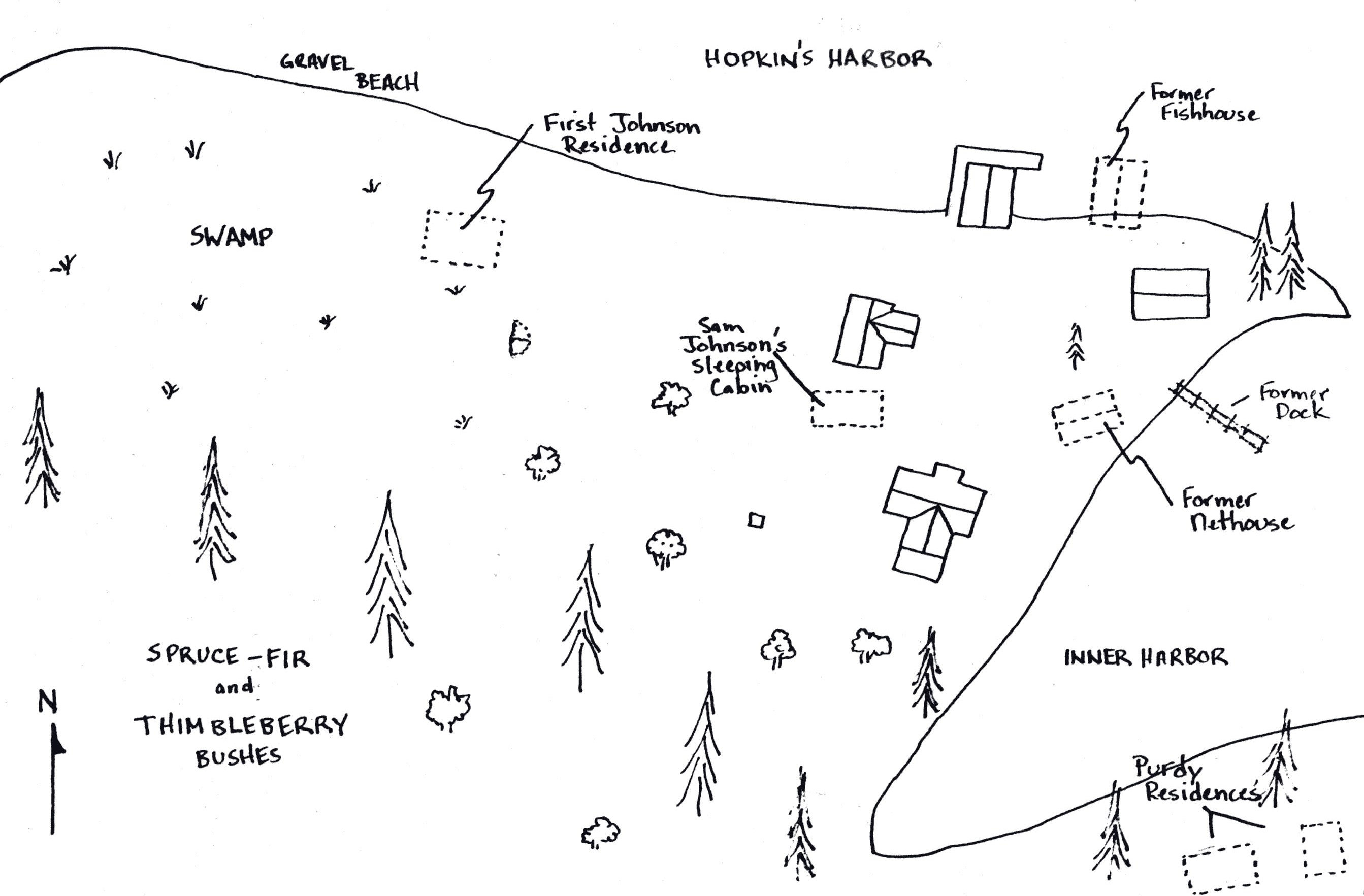 sketch denoting early buildings at Holte Fishery: first Johnson Residence, sleeping cabin, former fish house, former net house, Purdy residence