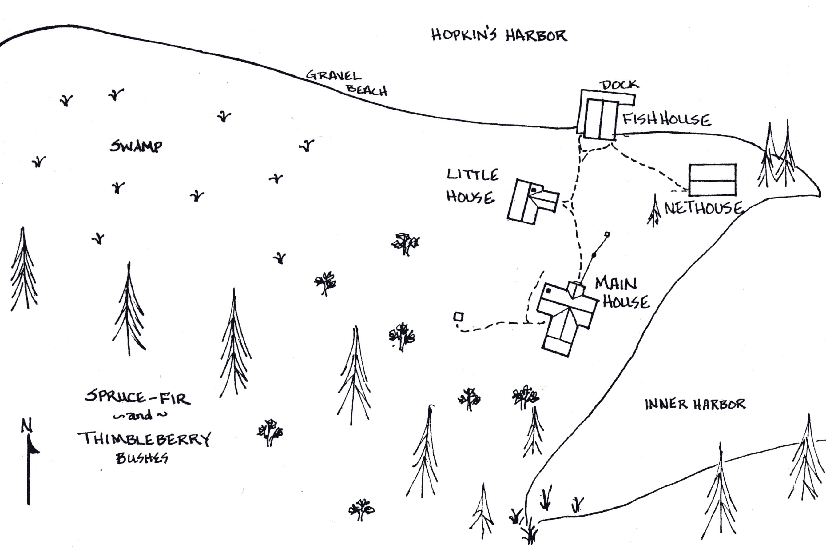sketch denoting late buildings at Holte Fishery: main house, little house, net house, fish house