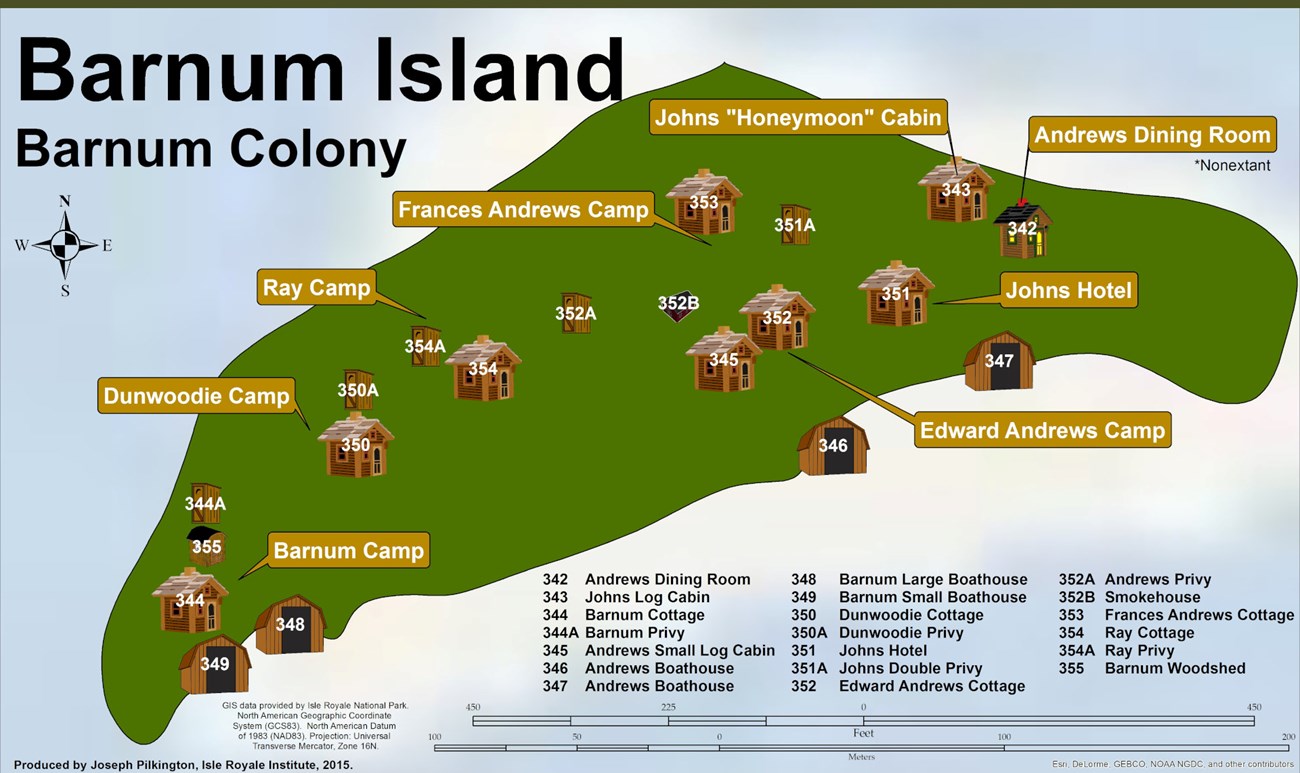 map depicting the 20 structures (cabins, dining rooms, sheds) spread across 6 camps on Barnum Island