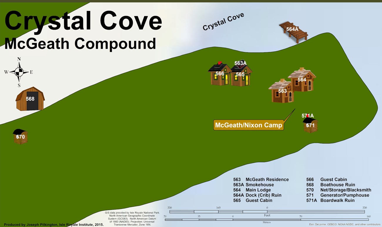 map of McGeath compound, locating 3 guest cabins on the easternmost side and two residences further west