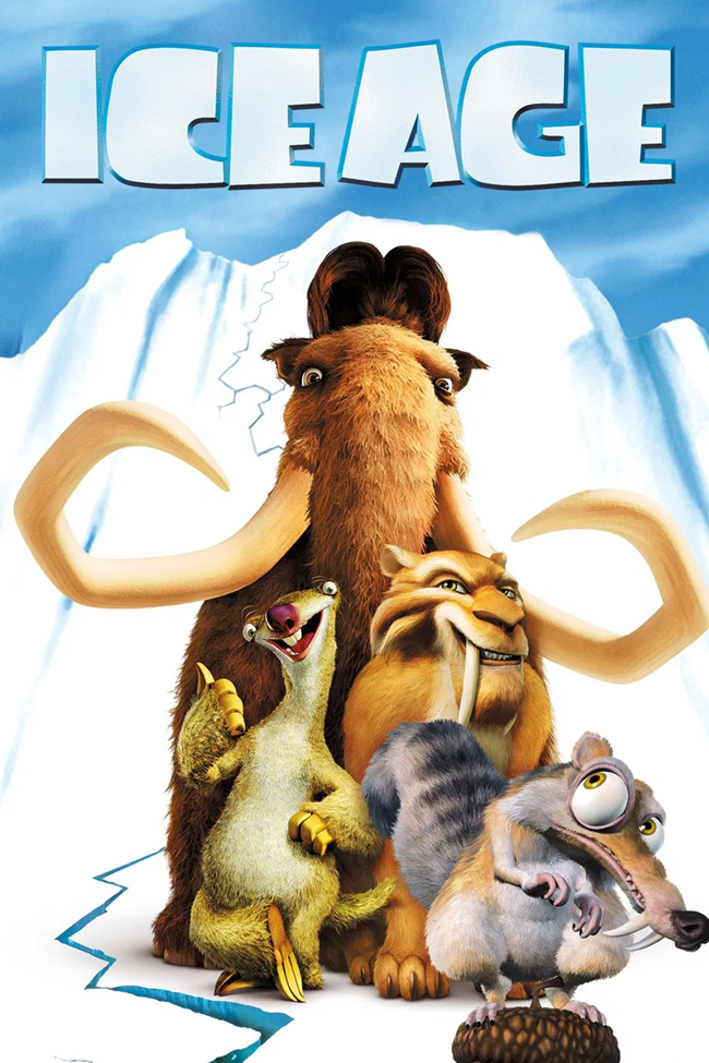 animated mastodon, sloth, sabertooth cat, and squirrel standing on an acorn. group stands on snow and ice with a cracked cliff behind them.