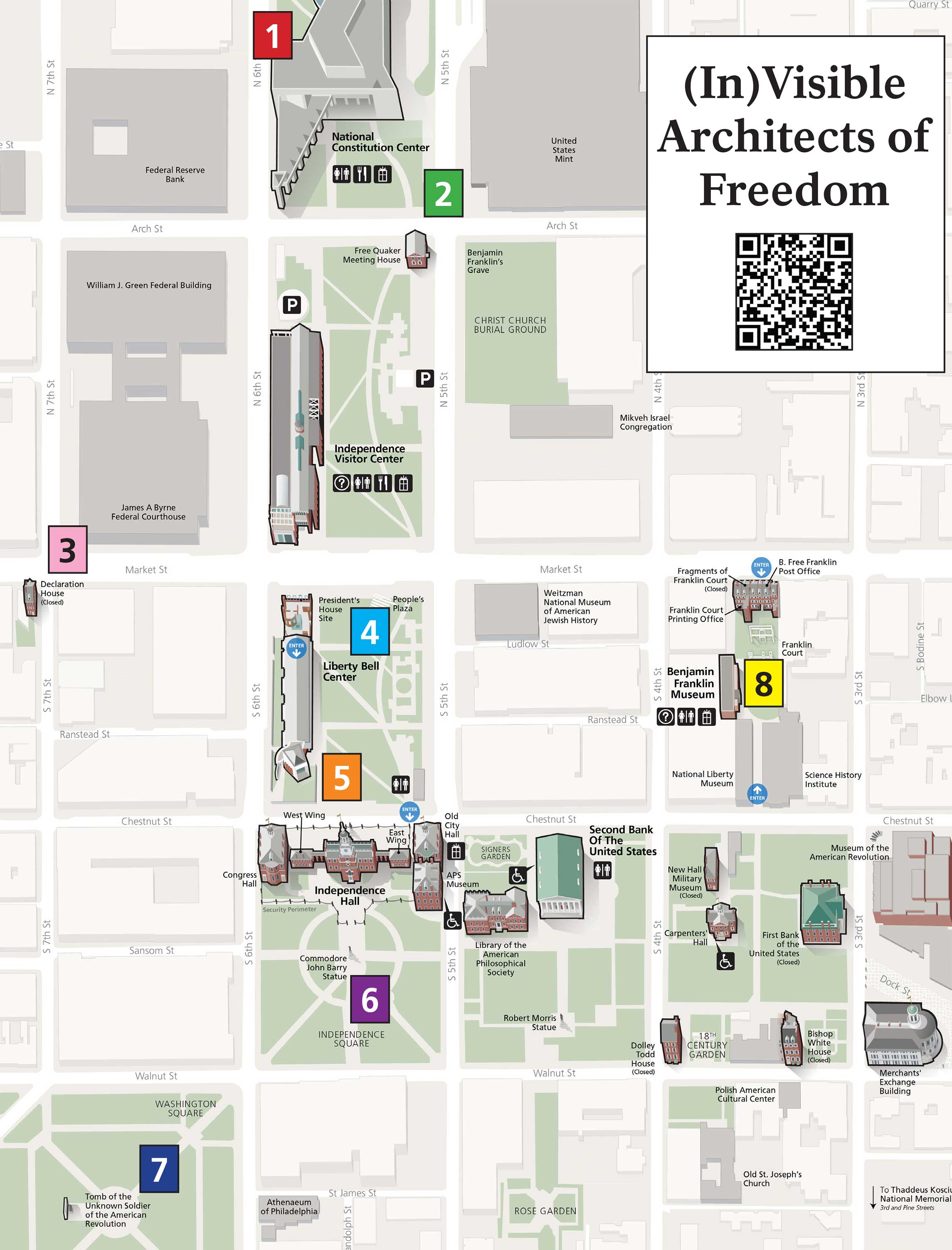 multicolor map of INDE with 8 numbered tour stops
