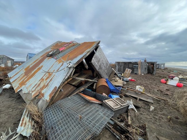 Dilapidated fish camp near Nome post-Typhoon Merbok.