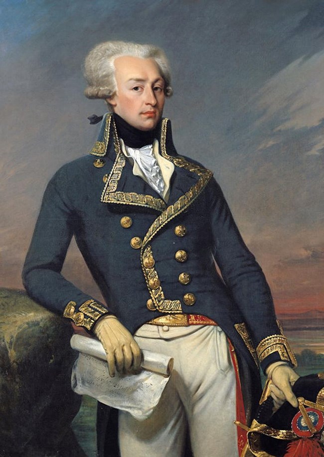 Portrait of the Marquis of de La Fayette in military uniform with blue jacket and gold trim with white pants.