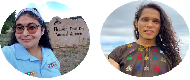 Two young Hispanic people are pictured. On the left is a young woman in a light blue uniform shirt posing in front of the Florissant Fossil Beds sign. On the right is a young man smiling at the camera wearing a black shirt with colorful embroidered bees.