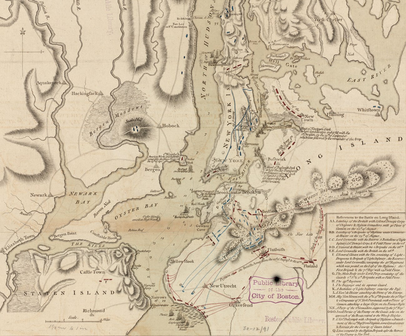Historic map showing armies and ships on New York Harbor, Long Island, and Manhattan