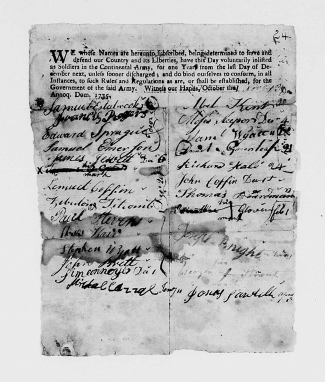 Printed enlistment paper with 25 signatures