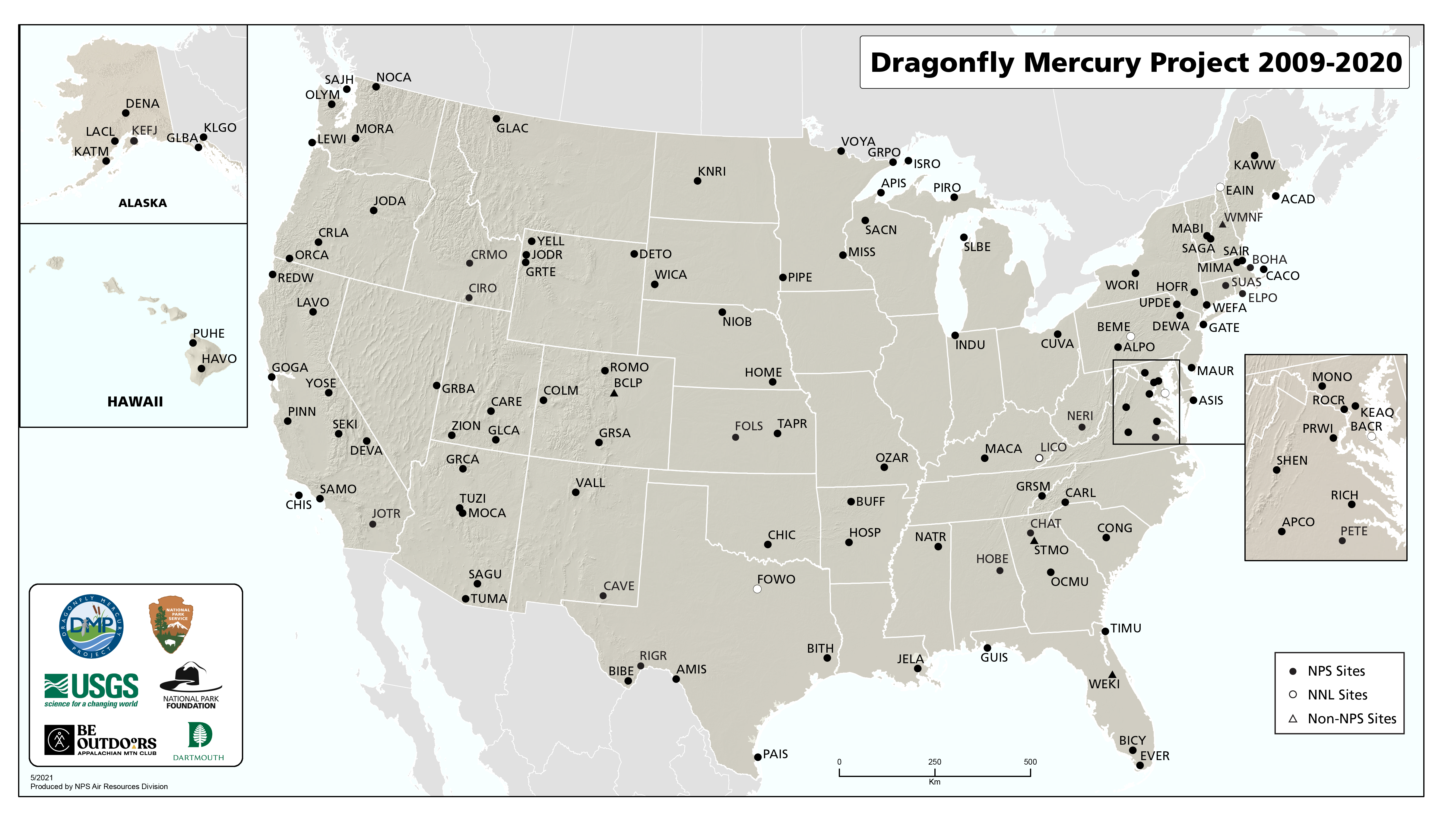 Map of the United States showing National Park Service units that have participated in the Dragonfly Mercury Project.