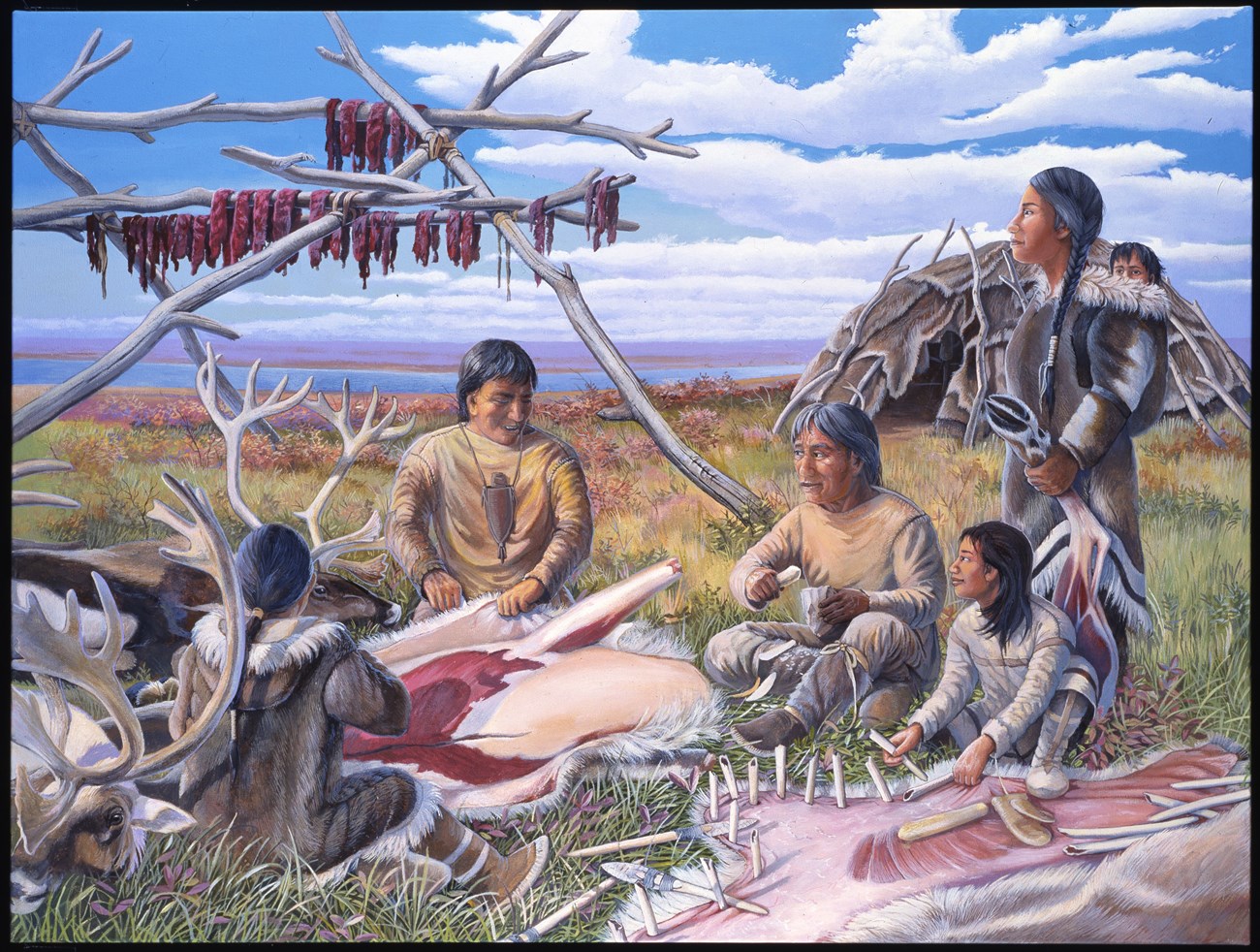 A family of six stretch and scrape fresh caribou hides. Hides have been used for clothing and a dome-like shelter. Strips of meat hang on a rack.