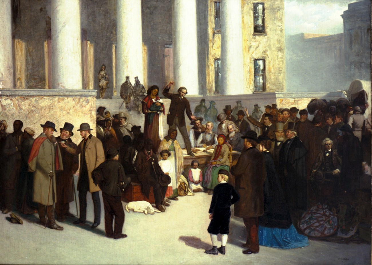 Painting that depicts a large group of people at the St. Louis Courthouse during a slave auction.
