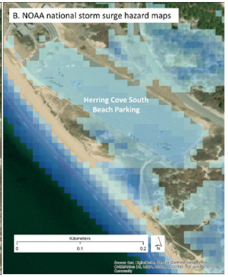 NOAA storm surge inundation results (shades of blue) across Herring Cove South beach parking lot