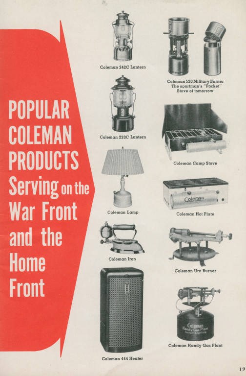 Advertisement with a large red arrow on the left pointing right with text "popular Coleman Products Serving on the War Front and the Homefront" On the right is two rows of applainces including camping laterns, table lamps, portable stoves, etc.