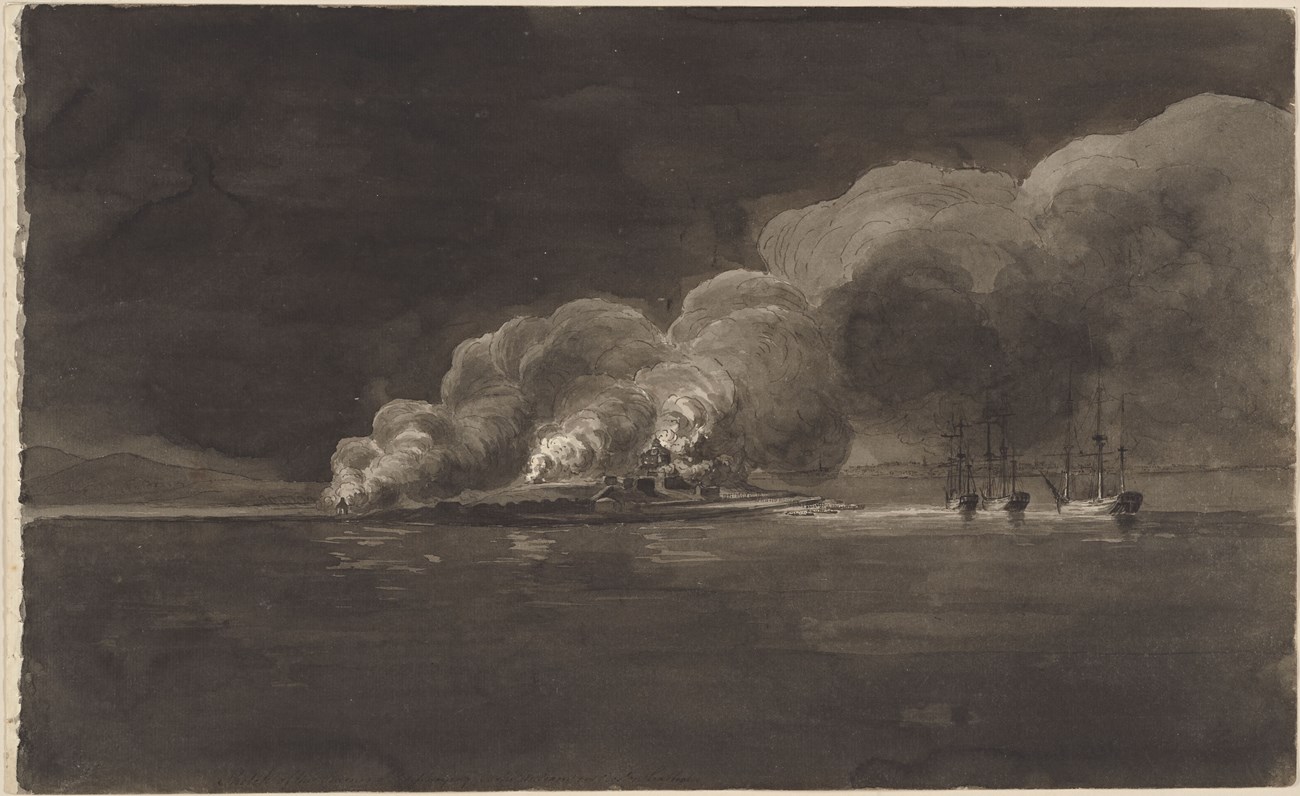 Dark gray ink sketch of a fort with billowing smoke and ships offshore.