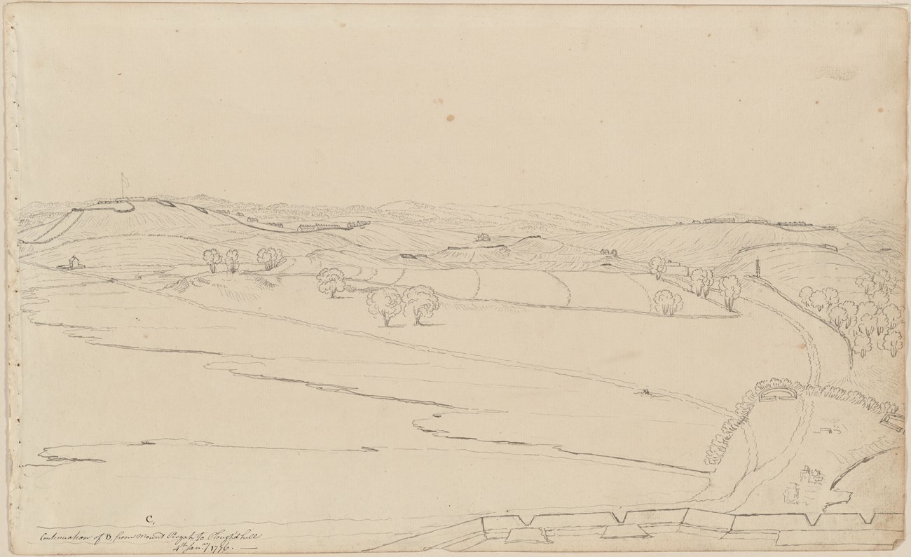 Pencil sketch of landscape with fortifications on two hills and meadows in foreground