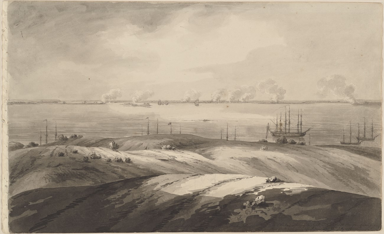 Watercolor sketch of New York harbor with at least 10 British ships visible and smoke rising from eight points on the far horizon.