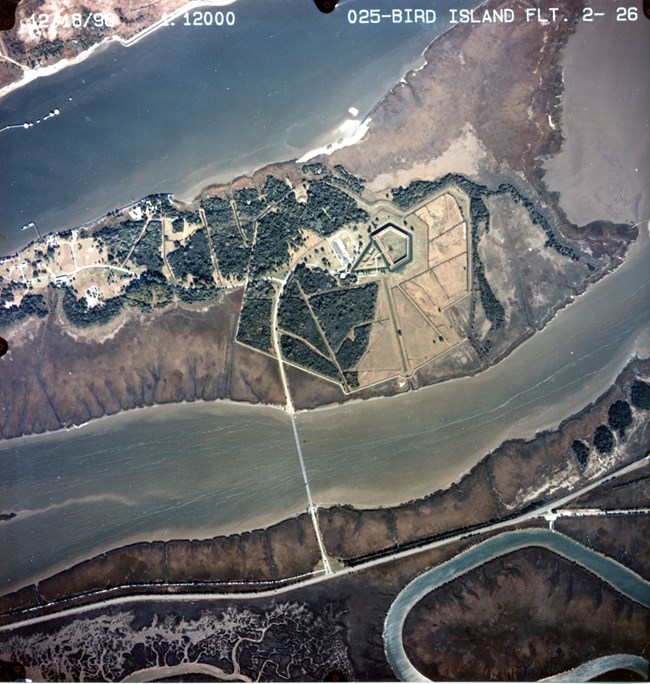 Cockspur Island is seen from a bird's eye view, showing its location between the two channels of the Savannah river and the effects of erosion on its geography. Foliage can be seen in the interior of the island.